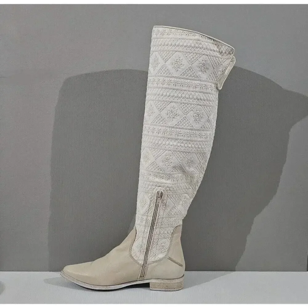 Free People Bren Knee High Boot Women EU 38.5 Cream Embroidered Boho Slouchy NEW